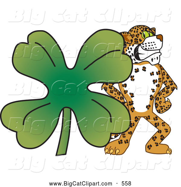 Big Cat Cartoon Vector Clipart of a Cute Cheetah, Jaguar or Leopard Character School Mascot with a Clover