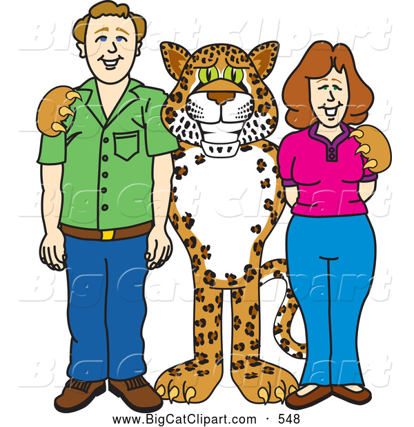 Big Cat Cartoon Vector Clipart of a Cute Cheetah, Jaguar or Leopard Character School Mascot with Teachers or Parents