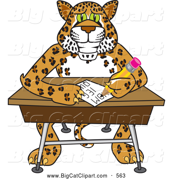 Big Cat Cartoon Vector Clipart of a Cute Cheetah, Jaguar or Leopard Character School Mascot Writing in Class