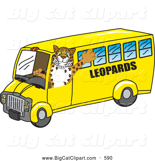 Big Cat Cartoon Vector Clipart of a Cute Leopard Character School Mascot Driving a Bus