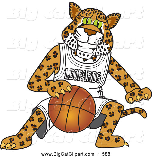 Big Cat Cartoon Vector Clipart of a Cute Leopard Character School Mascot Playing Basketball