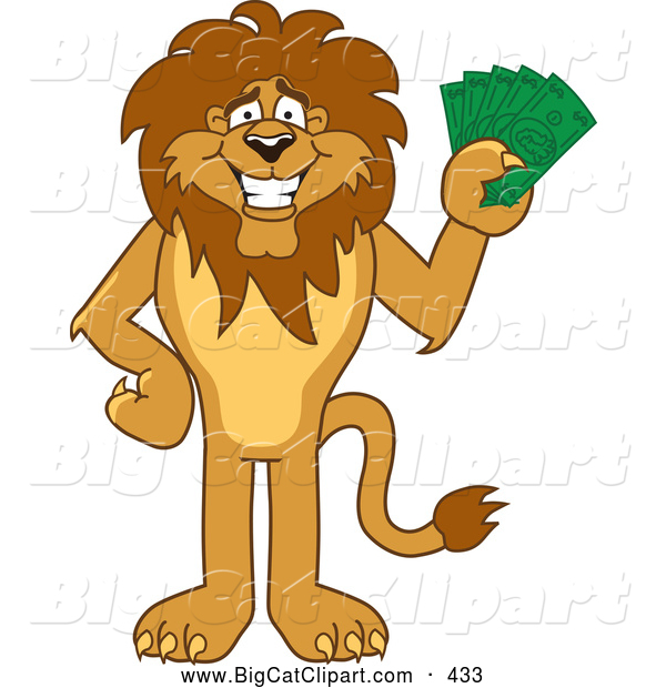 Big Cat Cartoon Vector Clipart of a Cute Lion Character Mascot Holding Cash