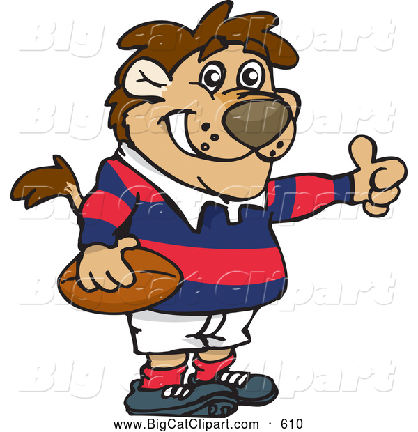 Big Cat Cartoon Vector Clipart of a Cute Lion Giving the Thumbs up and Playing Football