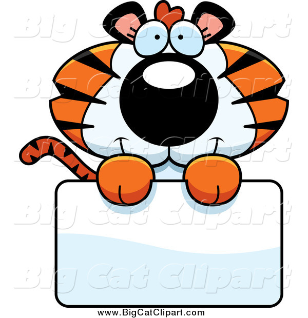 Big Cat Cartoon Vector Clipart of a Cute Tiger Cub over a Sign