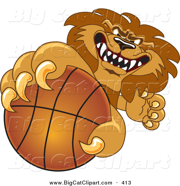 Big Cat Cartoon Vector Clipart of a Determined Lion Character Mascot Grabbing a Basketball