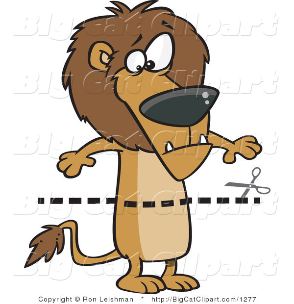 Big Cat Cartoon Vector Clipart of a Dotted Coupon Lion Streak and Scissors