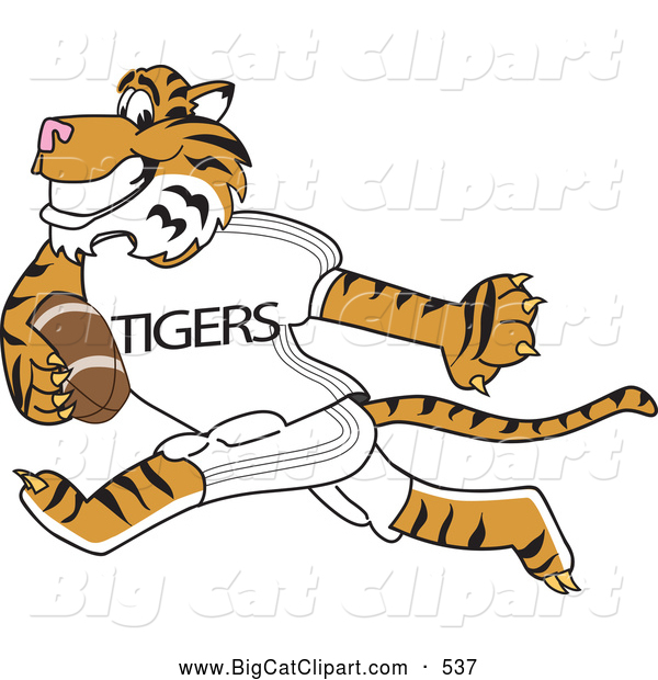 Big Cat Cartoon Vector Clipart of a Energetic Tiger Character School Mascot Playing Football