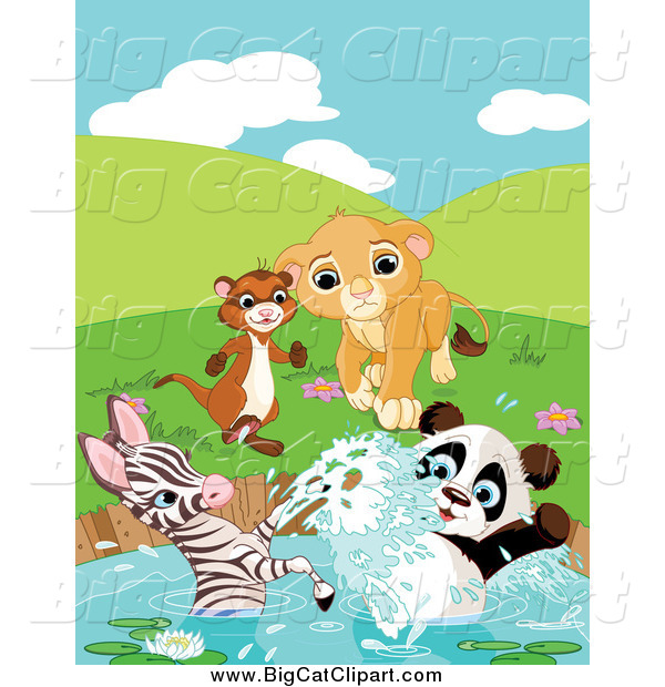 Big Cat Cartoon Vector Clipart of a Ferret, Lion, Zebra and Panda Playing at a Pond