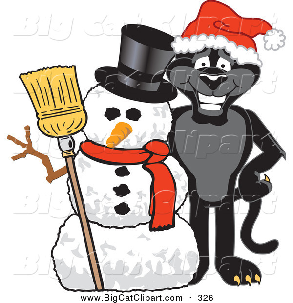 Big Cat Cartoon Vector Clipart of a Festive Black Jaguar Mascot Character with a Snowman