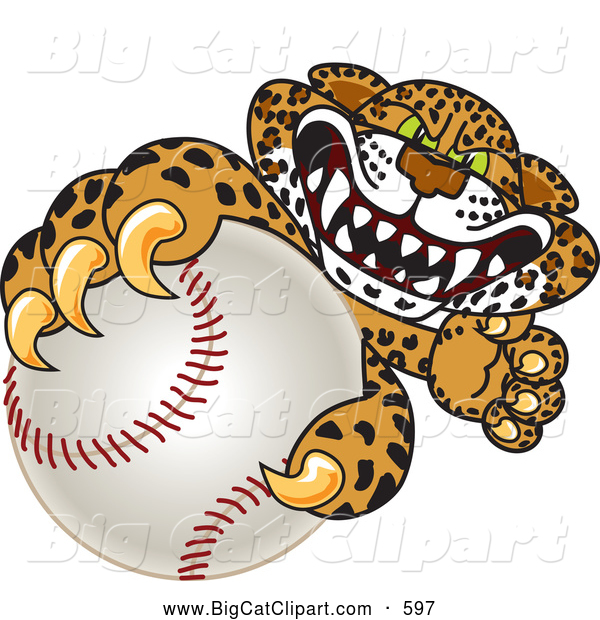 Big Cat Cartoon Vector Clipart of a Friendly Cheetah, Jaguar or Leopard Character School Mascot Grabbing a Baseball