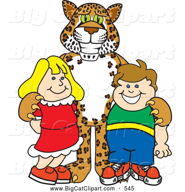 Big Cat Cartoon Vector Clipart of a Friendly Cheetah, Jaguar or Leopard Character School Mascot with School Children