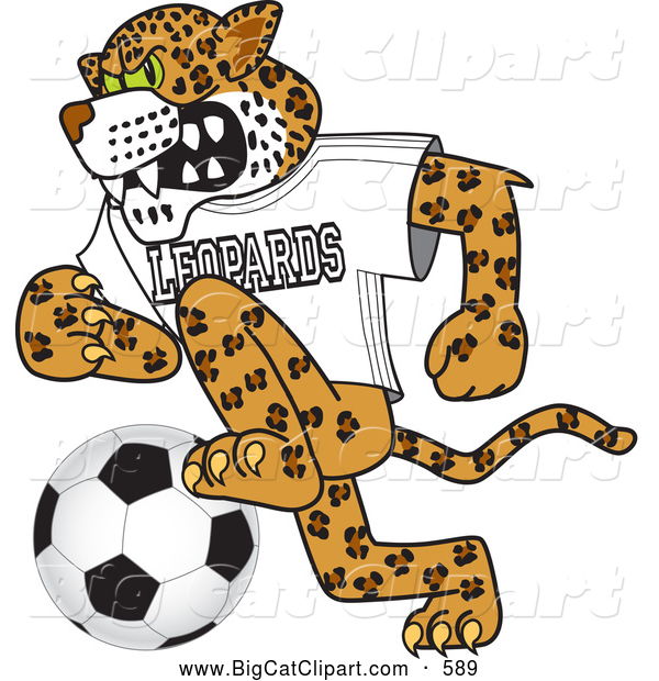 Big Cat Cartoon Vector Clipart of a Friendly Leopard Character School Mascot Playing Soccer