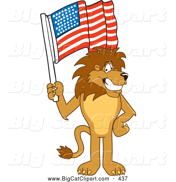 Big Cat Cartoon Vector Clipart of a Friendly Lion Character Mascot Waving an American Flag