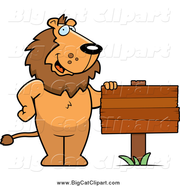 Big Cat Cartoon Vector Clipart of a Friendly Male Lion Standing by a Blank Wood Sign