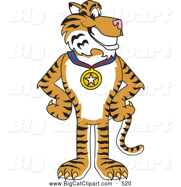 Big Cat Cartoon Vector Clipart of a Friendly Tiger Character School Mascot Wearing a Medal