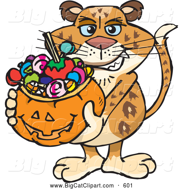 Big Cat Cartoon Vector Clipart of a Friendly Trick or Treating Leopard Holding a Pumpkin Basket Full of Halloween Candy