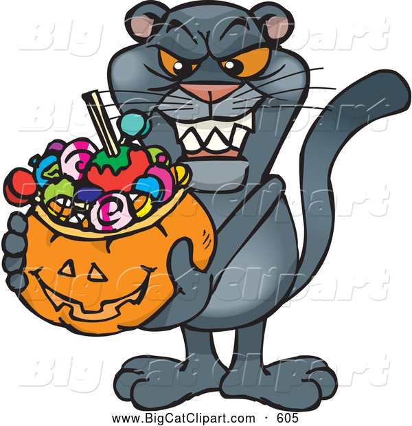 Big Cat Cartoon Vector Clipart of a Frightening Trick or Treating Panther Holding a Pumpkin Basket Full of Halloween Candy