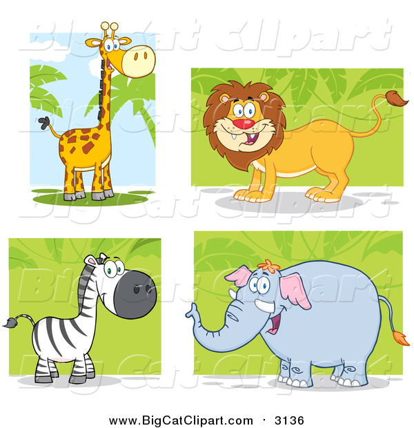 Big Cat Cartoon Vector Clipart of a Giraffe, Lion, Zebra and Elephant over Foliage