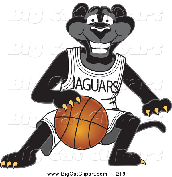 Big Cat Cartoon Vector Clipart of a Grinning Black Jaguar Mascot Character Dribbling a Basketball