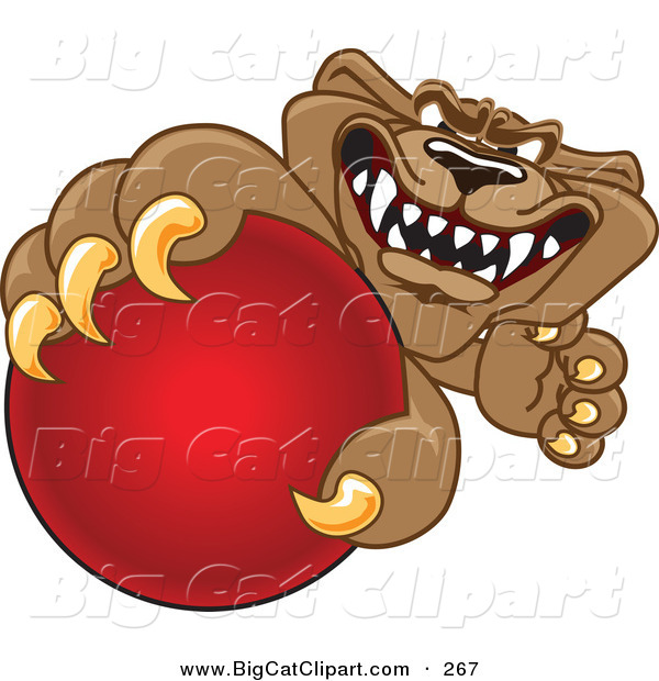 Big Cat Cartoon Vector Clipart of a Grinning Brown Cougar Mascot Character Grabbing a Ball