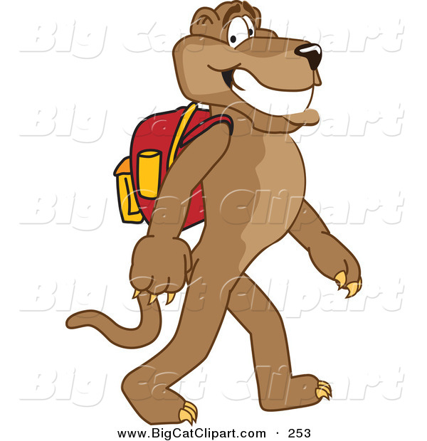 Big Cat Cartoon Vector Clipart of a Grinning Brown Cougar Mascot Character Walking to School