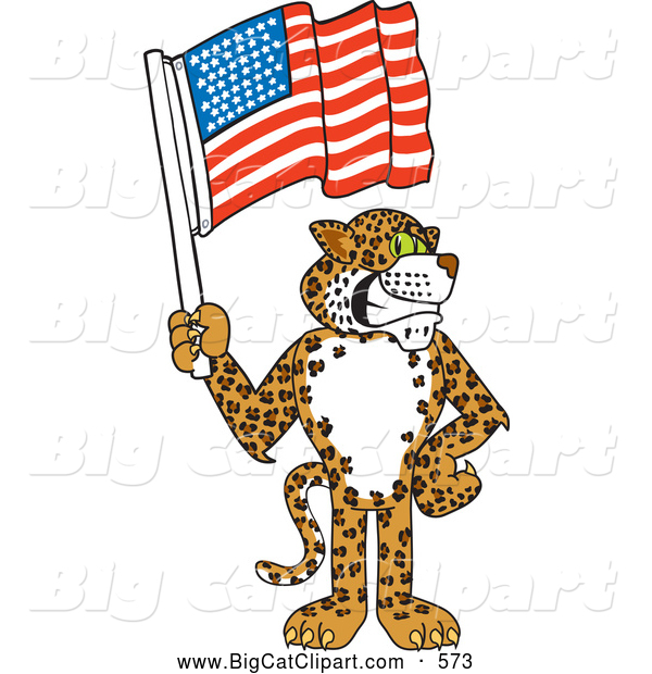Big Cat Cartoon Vector Clipart of a Grinning Cheetah, Jaguar or Leopard Character School Mascot Holding an American Flag