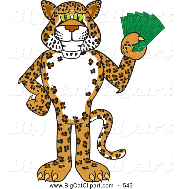 Big Cat Cartoon Vector Clipart of a Grinning Cheetah, Jaguar or Leopard Character School Mascot Holding Money