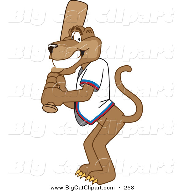 Big Cat Cartoon Vector Clipart of a Grinning Cougar Mascot Character Batting