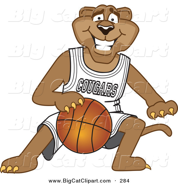 Big Cat Cartoon Vector Clipart of a Grinning Cougar Mascot Character Dribbling a Basketball