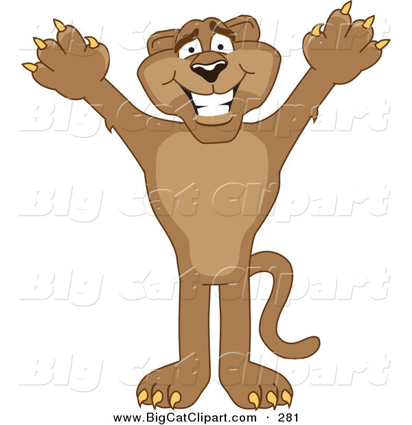 Big Cat Cartoon Vector Clipart of a Grinning Cougar Mascot Character Holding His Arms up