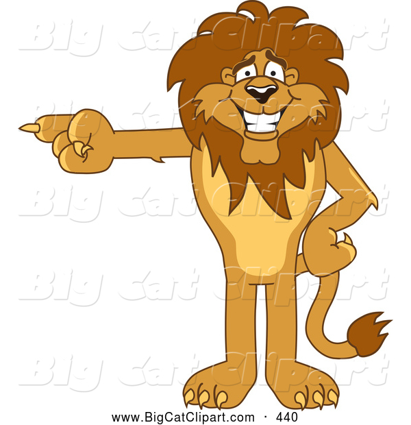 Big Cat Cartoon Vector Clipart of a Grinning Lion Character Mascot Pointing Left