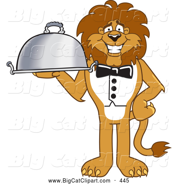 Big Cat Cartoon Vector Clipart of a Grinning Lion Character Mascot Serving a Platter