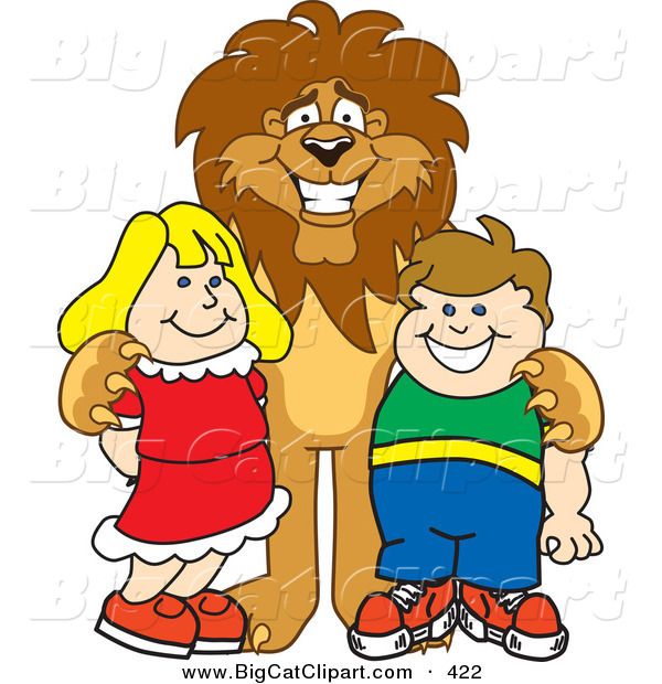 Big Cat Cartoon Vector Clipart of a Grinning Lion Character Mascot with Students