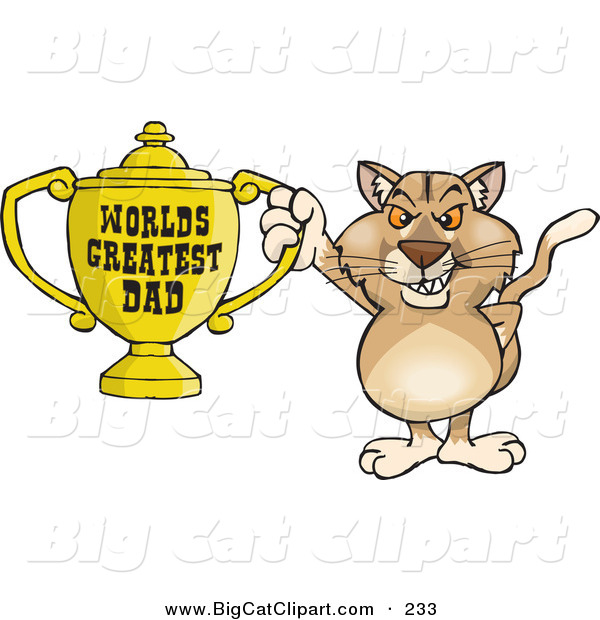 Big Cat Cartoon Vector Clipart of a Grinning Puma Wildcat Character Holding a Golden Worlds Greatest Dad Trophy