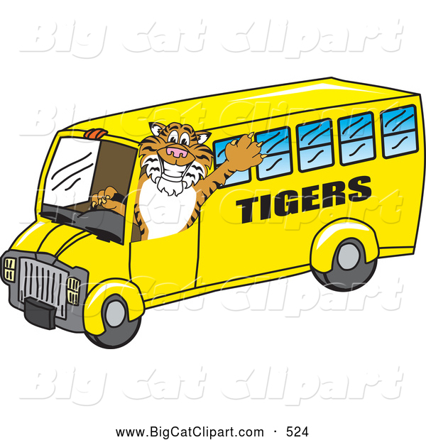 Big Cat Cartoon Vector Clipart of a Grinning Tiger Character School Mascot Driving a Bus