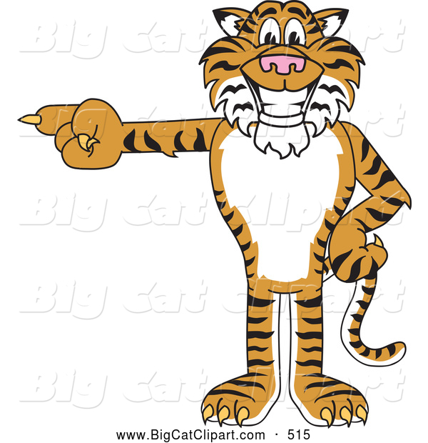 Big Cat Cartoon Vector Clipart of a Grinning Tiger Character School Mascot Pointing Left