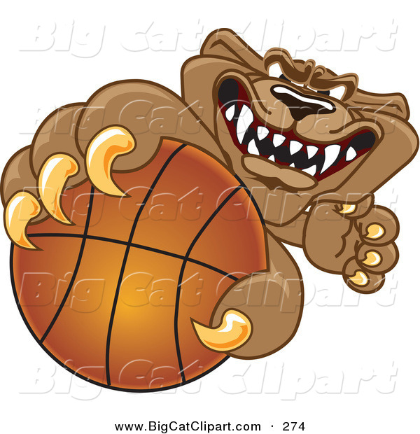 Big Cat Cartoon Vector Clipart of a Growling Cougar Mascot Character Grabbing a Basketball