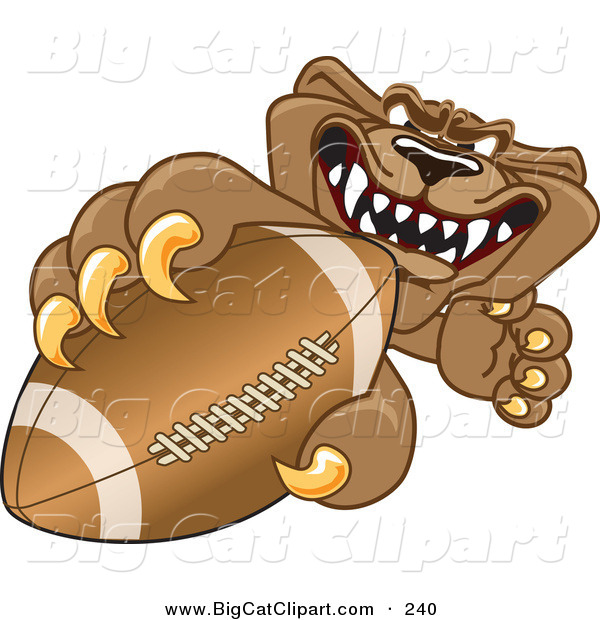 Big Cat Cartoon Vector Clipart of a Growling Cougar Mascot Character Grasping a Football