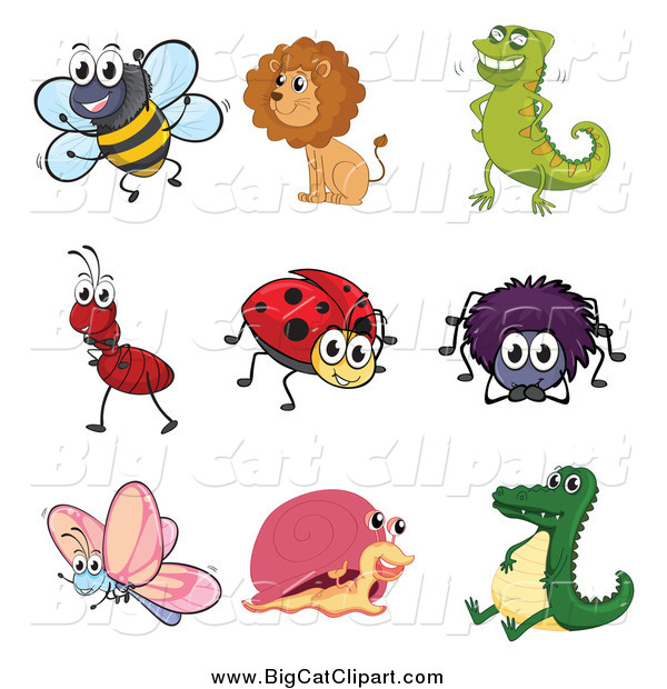 Big Cat Cartoon Vector Clipart of a Happy Ant Lion Chameleon Bee Ladybug Spider Butterfly Snail and Alligator