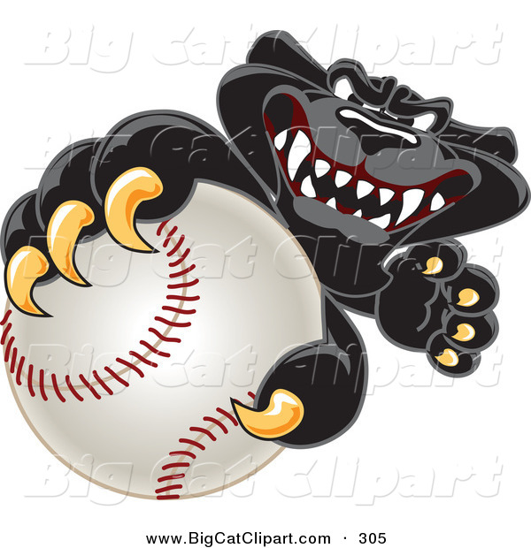 Big Cat Cartoon Vector Clipart of a Happy Black Jaguar Mascot Character Grabbing a Baseball