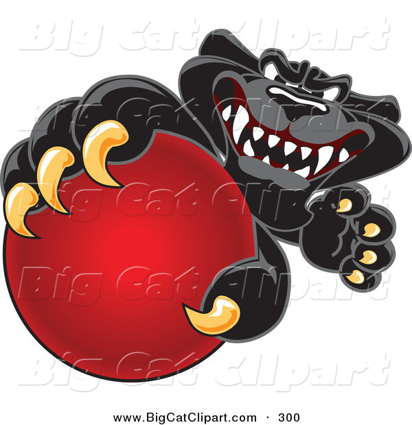 Big Cat Cartoon Vector Clipart of a Happy Black Jaguar Mascot Character Grabbing a Red Ball