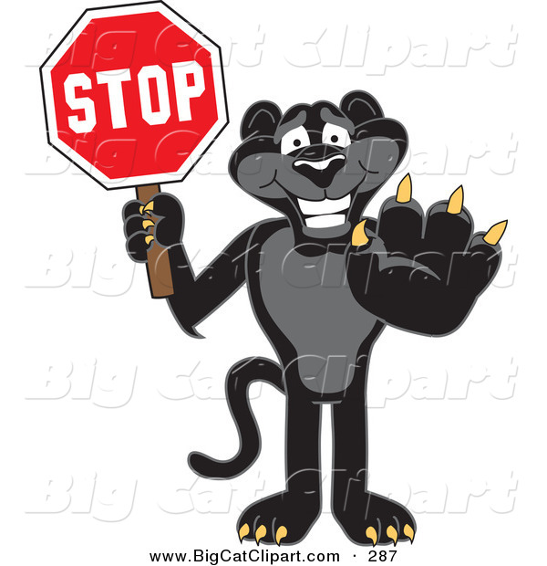 Big Cat Cartoon Vector Clipart of a Happy Black Jaguar Mascot Character Holding a Stop Sign
