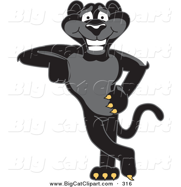 Big Cat Cartoon Vector Clipart of a Happy Black Jaguar Mascot Character Leaning