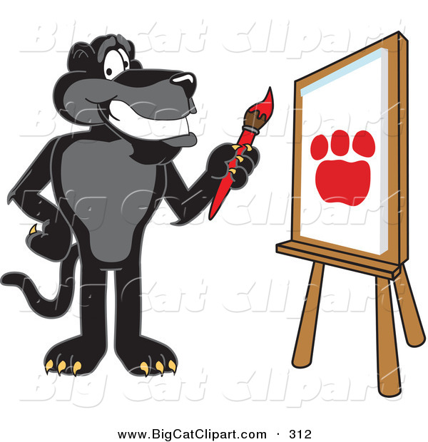 Big Cat Cartoon Vector Clipart of a Happy Black Jaguar Mascot Character Painting