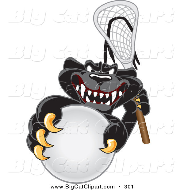Big Cat Cartoon Vector Clipart of a Happy Black Jaguar Mascot Character Playing Lacrosse