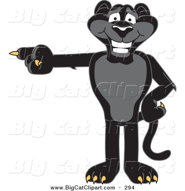 Big Cat Cartoon Vector Clipart of a Happy Black Jaguar Mascot Character Pointing Left