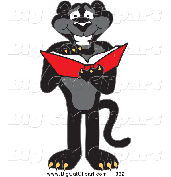 Big Cat Cartoon Vector Clipart of a Happy Black Jaguar Mascot Character Reading on White