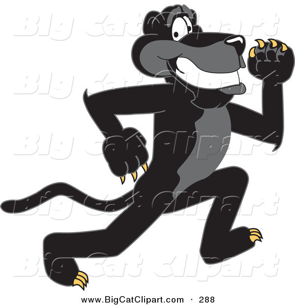 Big Cat Cartoon Vector Clipart of a Happy Black Jaguar Mascot Character Running