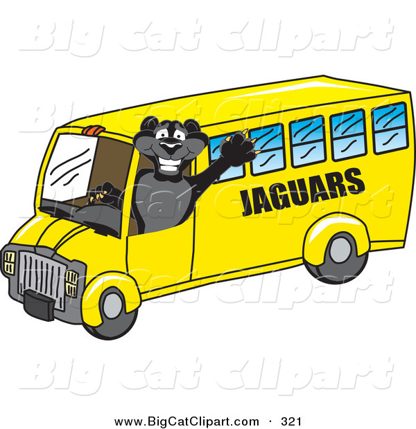 Big Cat Cartoon Vector Clipart of a Happy Black Jaguar Mascot Character School Bus Driver