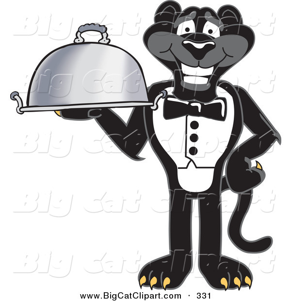 Big Cat Cartoon Vector Clipart of a Happy Black Jaguar Mascot Character Serving a Platter